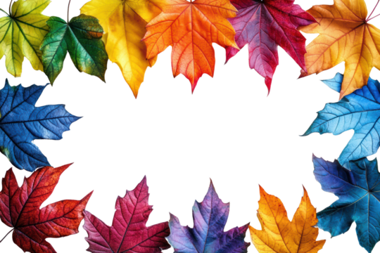 Colorful autumn leaves arranged in a circular frame, vibrant hues of red, orange, yellow, and blue against a transparent background.
