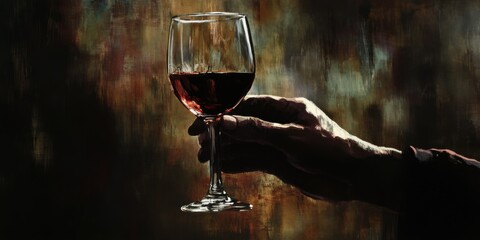 A hand tightly gripping a glass of wine, with dimly lit surroundings suggesting a heavy and reflective mood"