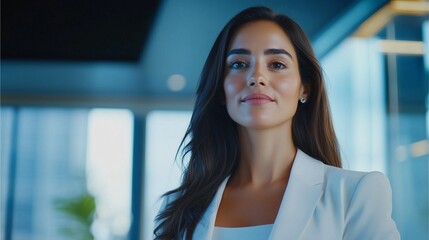 Successful female executive in bright office wearing white suit
