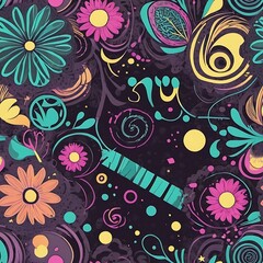Naklejka premium Vibrant Floral Pattern: A mesmerizing pattern of vibrant flowers, leaves, and abstract shapes on a deep purple background.