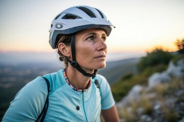 Determined young caucasian female cyclist in mountain setting at sunset.