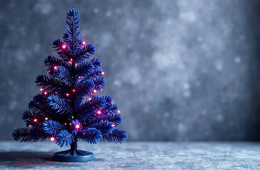 Creative fluffy dark blue with purple New Year tree on a light gray background. Cozy Christmas Home Interior. Festive Room Decoration. Blur, Bokeh Background. Copy Space.