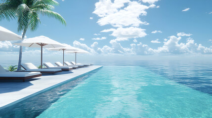 Fototapeta premium Infinity pool overlooking a turquoise ocean with umbrellas and chairs
