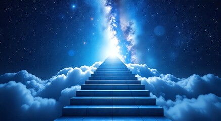 Stairway to the stars surrounded by clouds and leading to the cosmos. Concept for spiritual journey, cosmic exploration, and divine ascension