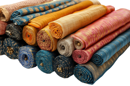Colorful rolled fabrics stacked together, displaying intricate patterns and textures, perfect for design and textile use.