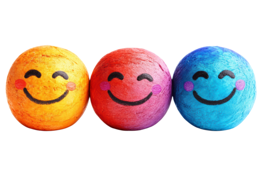 Colorful smiling balls representing happiness, joy, and positivity, set against a white isolate background.