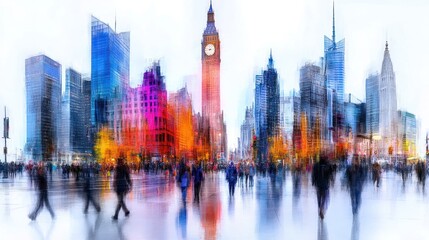 Dynamic Abstract of Busy City Square with People Walking in Various Directions