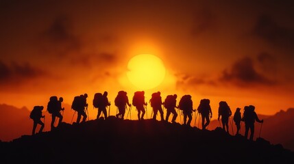 Fototapeta premium Mountain Top Sunset View: Diverse Group of Hikers Silhouettes Enjoying Scenic Beauty