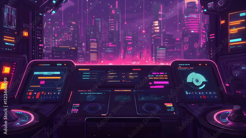 Poster futuristic game ui kit with neon colors and interactive sci-fi elements
