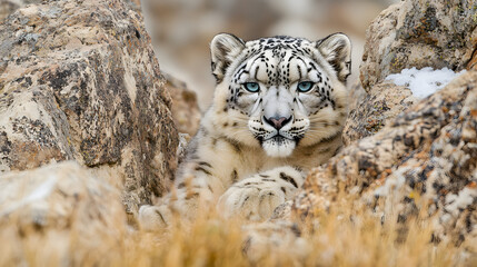 Fototapeta premium A snow leopard in a rocky alpine setting its icy blue eyes meeting the viewers gaze.