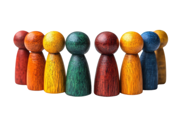 Colorful wooden game pieces arranged in a row, representing a diverse group, isolated on a white background.