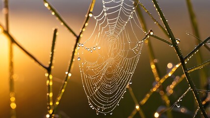 Dewdrops Adorn A Spiders Web At Sunrise