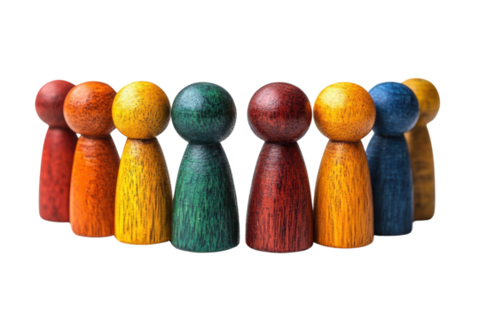Colorful wooden game pieces arranged in a row, representing a diverse group, isolated on a white background.