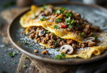 omelet filled with cooked ground meat and mushrooms