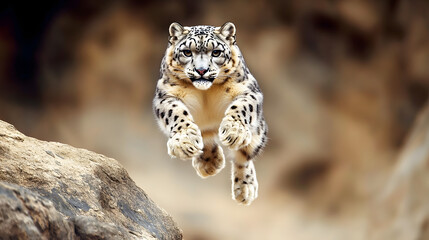 Obraz premium A snow leopard leaping across a rocky cliff its gaze fixed on the viewer mid-motion.
