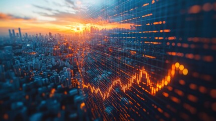 Fototapeta premium City skyline with data visualization overlay at sunset 