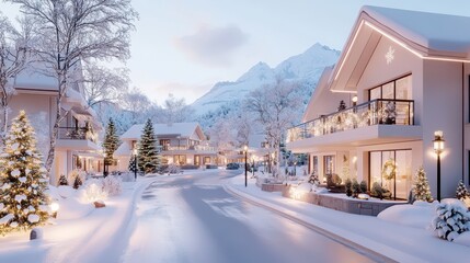 Fototapeta premium Cozy Christmas town blanketed in snow with glowing lights and decorated trees on a peaceful winter evening