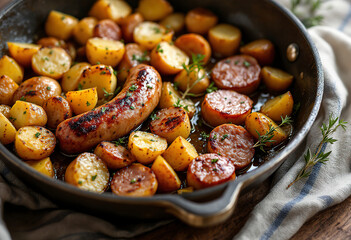 roasted potatoes and sliced sausage in a skillet with herbs