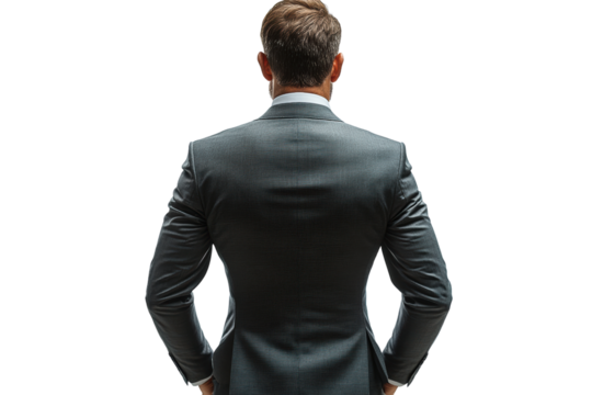 Confident businessman in a suit standing with hands on hips, showcasing determination and professionalism, isolated on a white background.