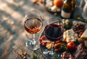 two glasses of red and white wine, with a plate of meat and cheese appetizers