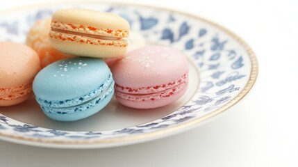 Fototapeta premium Elegant macarons on a decorative plate, showcasing vibrant colors and exquisite textures, perfect for dessert menus, culinary promotions, and gourmet events.