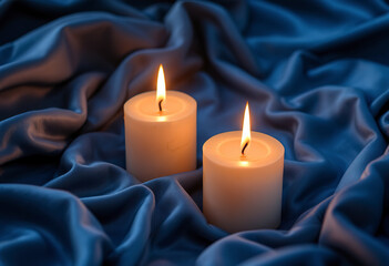 two lit candles placed on a deep blue, flowing fabric