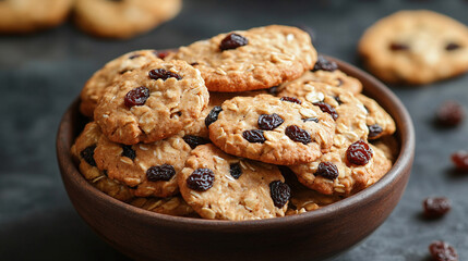 Raisins in dried fruit oatmeal, healthy breakfast with delicious cereal, muesli for sweet morning start, homemade cookie like food snack with natural grains.