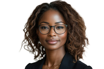 Obraz premium Confident professional woman with curly hair and glasses, smiling softly. Ideal for business, empowerment, and diversity themes.
