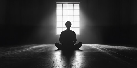 A minimalist black-and-white composition of a person sitting cross-legged on the floor of a dark room, their silhouette illuminated by a single window casting soft light"