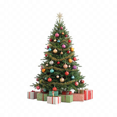 abstract 3d decorated green christmas tree with golden baubles for new year with gift box isolated on white background