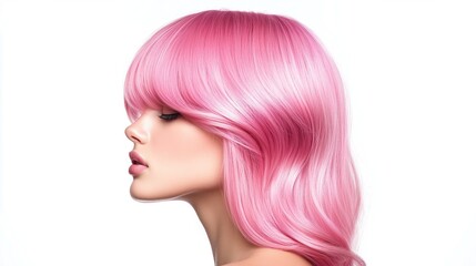 Fototapeta premium Young woman with vibrant pink hair poses gracefully against a plain white background in a contemporary hairstyle display