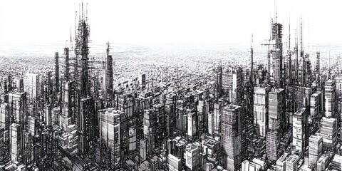 Fototapeta premium intricate panoramic black and white architectural sketch of a futuristic urban skyline with dense high-rise buildings and towering skyscrapers
