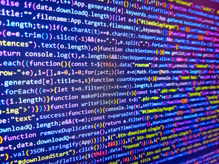 Web programming with compressed css code. Background of program code. Stock market graph and ticker with blue screen for stock exchange analysis. Php web programming source code. Blue color.