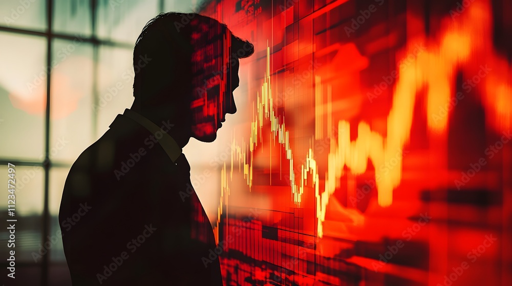 Poster businessman analyzing financial data on a digital screen with stock market graphs, indicators, and t