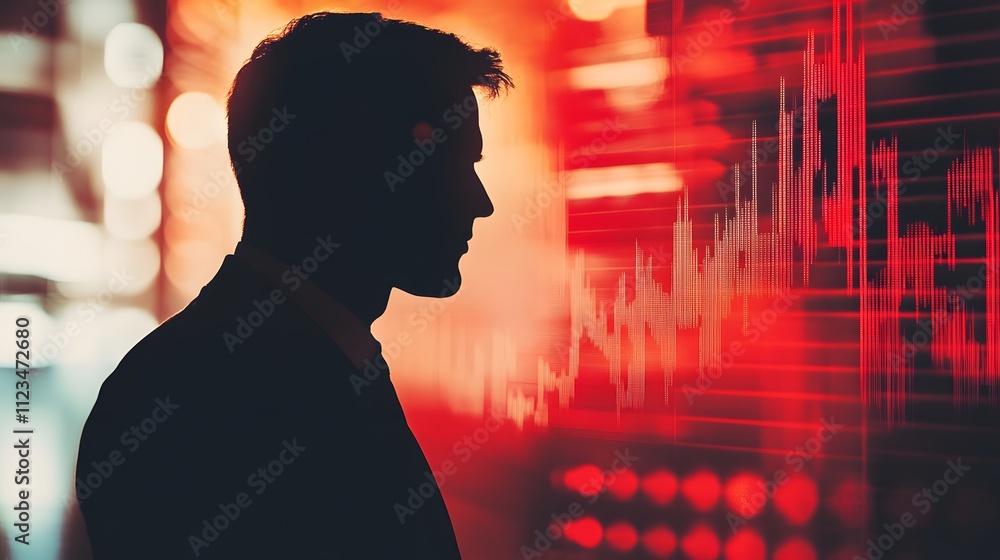 Aufkleber silhouette of a businessman analyzing financial data against a vibrant red background with graphs, r