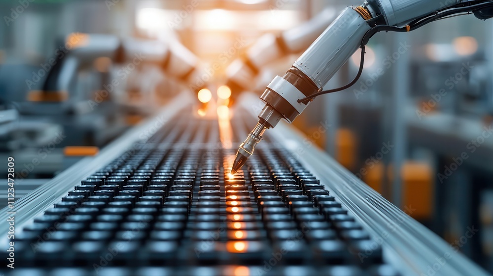 Poster a robotic arm assembles products on a conveyor belt in a modern factory setting, showcasing advanced