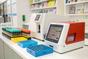 Advanced devices and sample containers arranged neatly in a clinical laboratory setting.