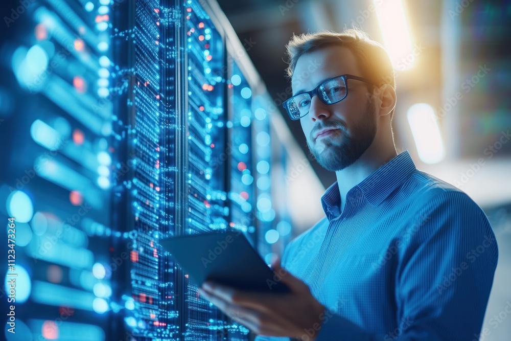 Poster young professional monitoring data on a tablet in a modern server room with illuminated technology i