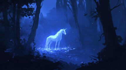 Mystical unicorn in shadowy forest glow