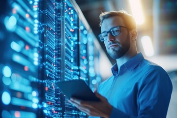 Young professional monitoring data on a tablet in a modern server room with illuminated technology in the background