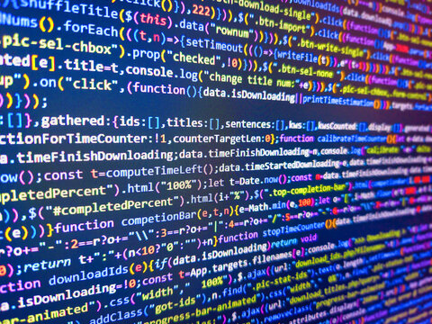 Abstract financial background. Abstract screen of web developer. Abstract computer script code. Blue color background. Technology php coding background. Computer code on laptop web developing.