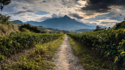 A trail winding through a coffee plantation with rows of plants on either side and distant mountains in the background.