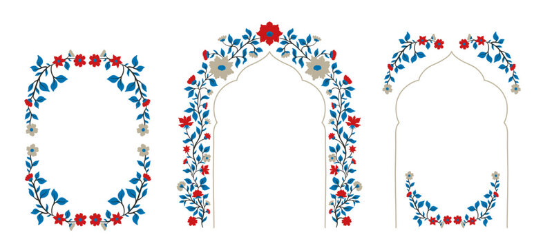 Mughal decorative arch ornamental floral. Vintage intricate traditional mughal style with flowers and foliage.