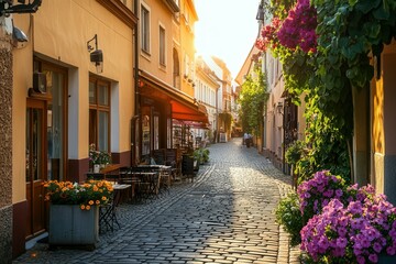 Charming european street with sunlit cobblestones and colorful flowers.