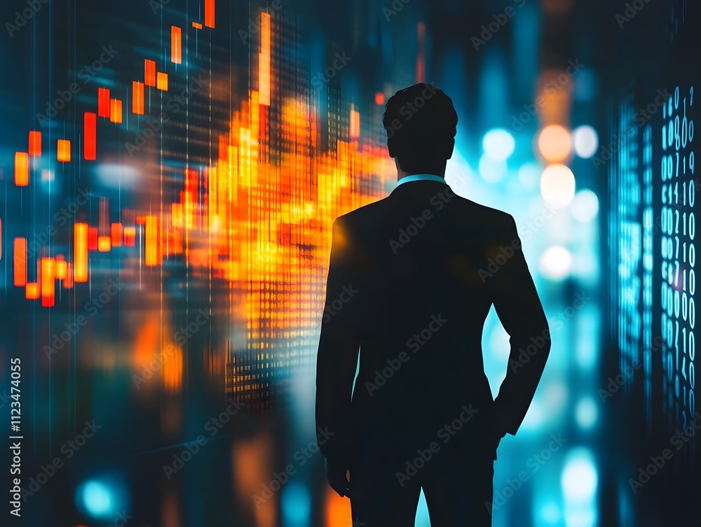 Poster businessman in suit analyzing digital financial data with abstract charts and binary code backdrop, 