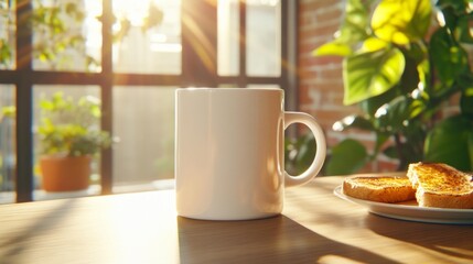 Coffee mug with morning light and toast plate on kitchen counter. Generative AI