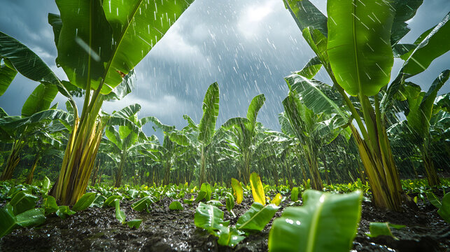 A tropical downpour soaking a banana plantation with raindrops bouncing off large green leaves in dramatic motion.