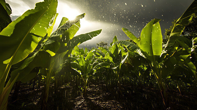 A tropical downpour soaking a banana plantation with raindrops bouncing off large green leaves in dramatic motion.