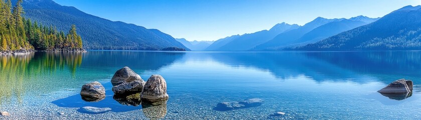Serene lake with mountains reflecting in clear water, tranquil nature scene.