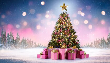 Obraz premium Fiesta de Navidad: Árbol Brillante y Paquetes de Regalos Rosas